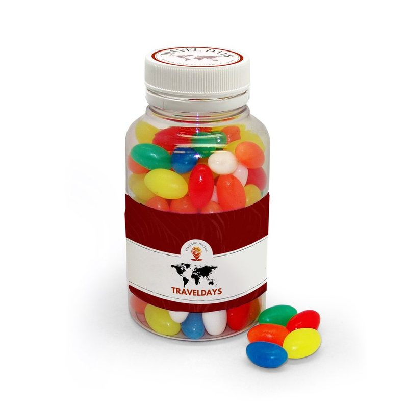 Bote pildorero de 200 ml con la etiqueta de un cliente, relleno de jellies de colores